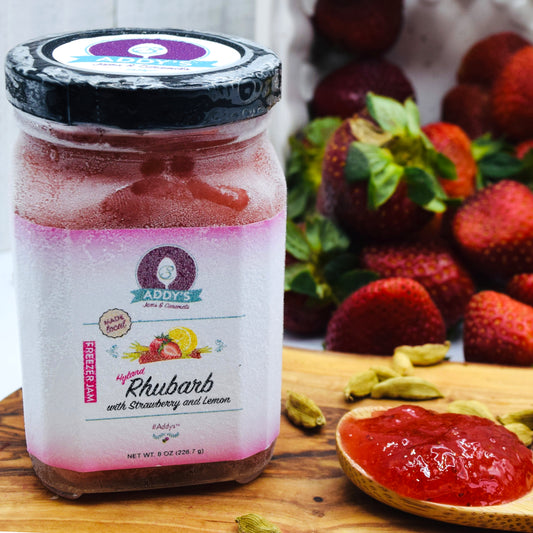 Addy's Rhubarb Strawberry Lemon with Cardamon Freezer Jam